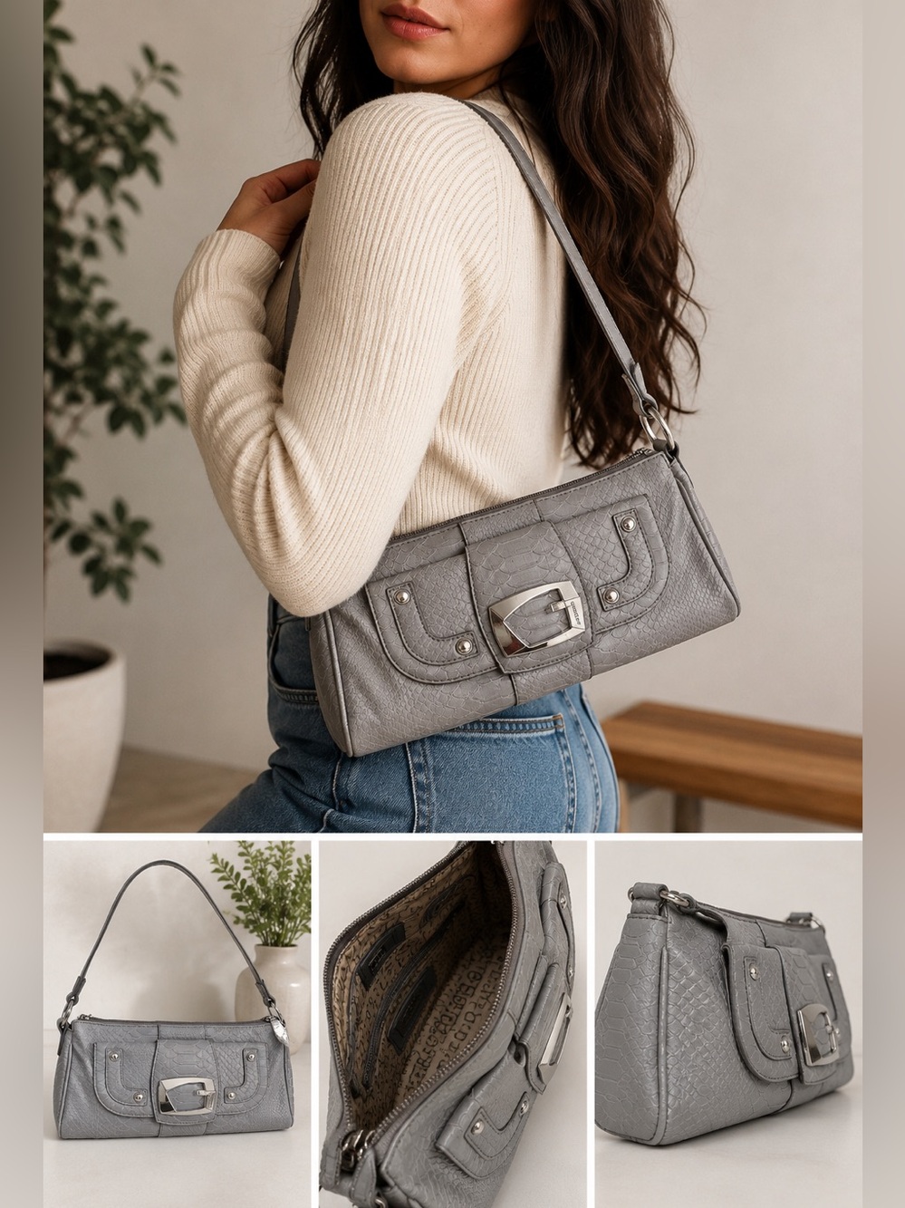 GUESS Grey Snakeskin Embossed Shoulder Bag with Silver Hardware